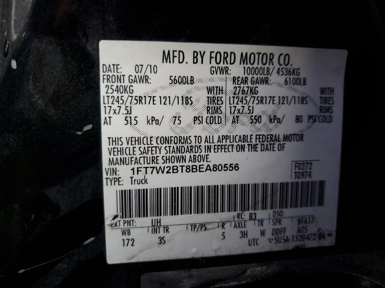 2011 Ford F250 VIN 1FT7W2BT8BEA80556 Copart auction photo, front end damage thumbnail 13