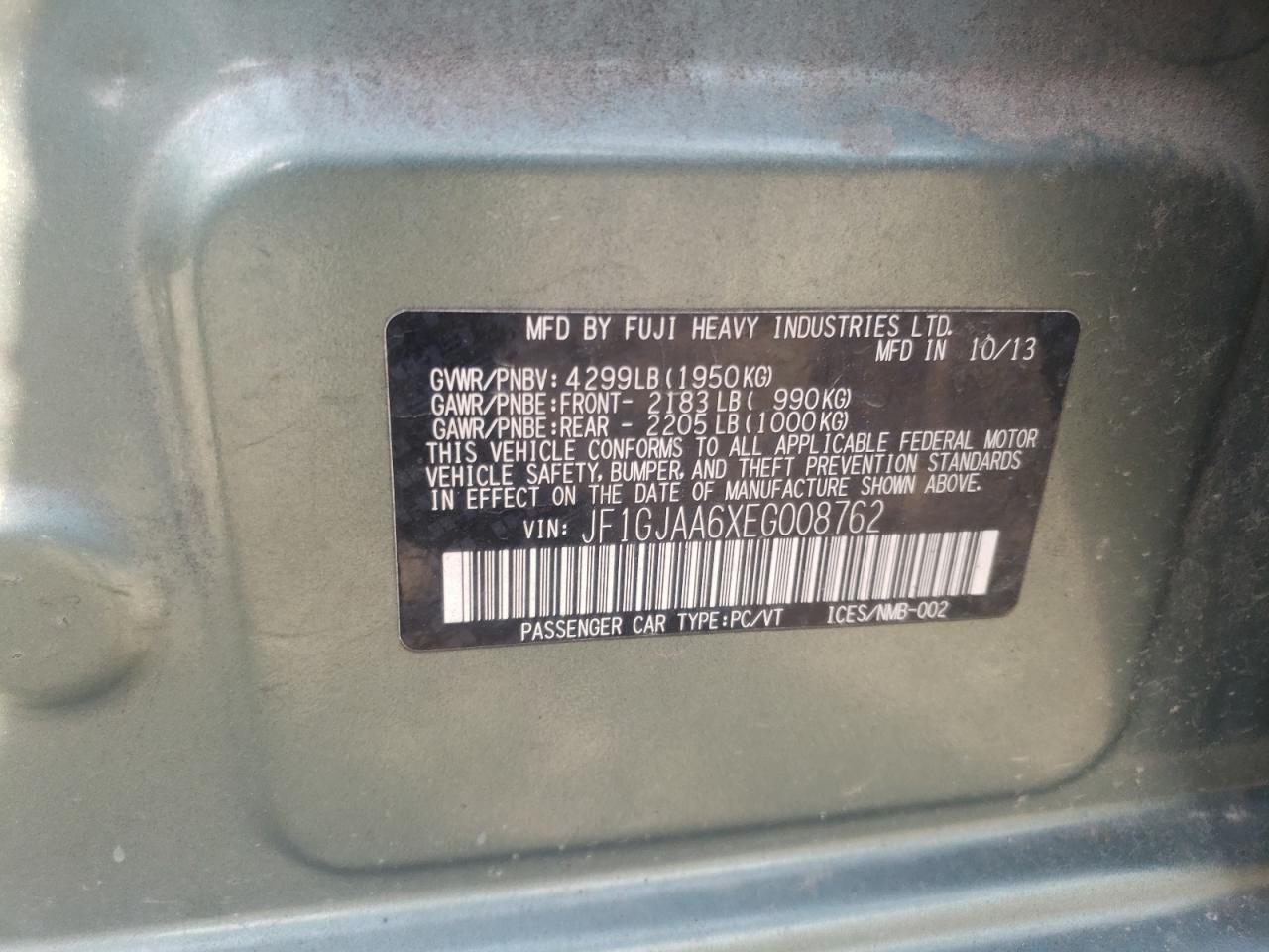 2014 Subaru Impreza VIN JF1GJAA6XEG008762 Copart auction photo, front end / rear end damage thumbnail 15