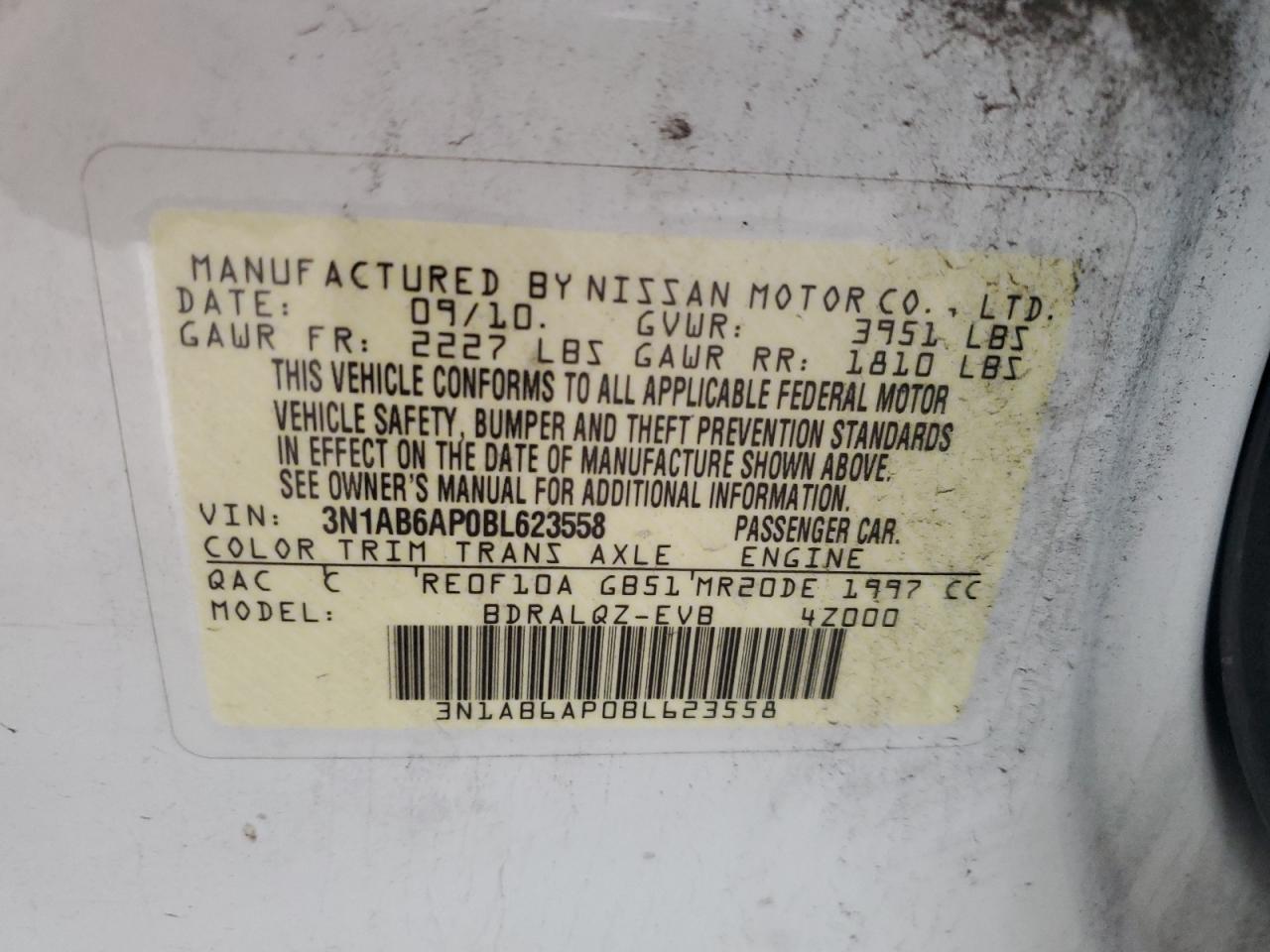 2011 Nissan Sentra VIN 3N1AB6AP0BL623558 Copart auction photo, rear end damage thumbnail 12