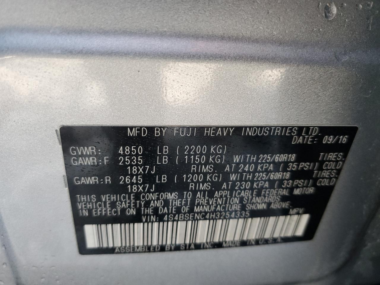 2017 Subaru Outback VIN 4S4BSENC4H3254335 Copart auction photo, front end / side damage thumbnail 14