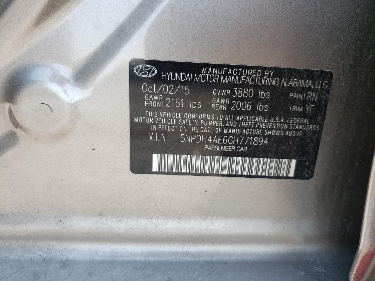 2016 Hyundai Elantra VIN 5NPDH4AE6GH771894 Copart auction photo, rear end damage thumbnail 14