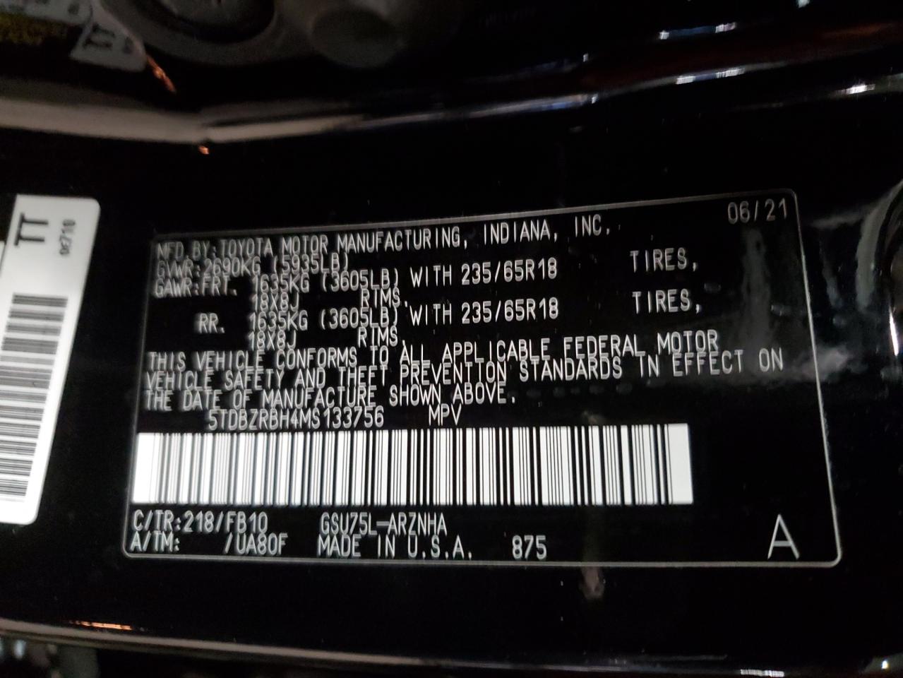 2021 Toyota Highlander VIN 5TDBZRBH4MS133756 Copart auction photo, front end damage thumbnail 13