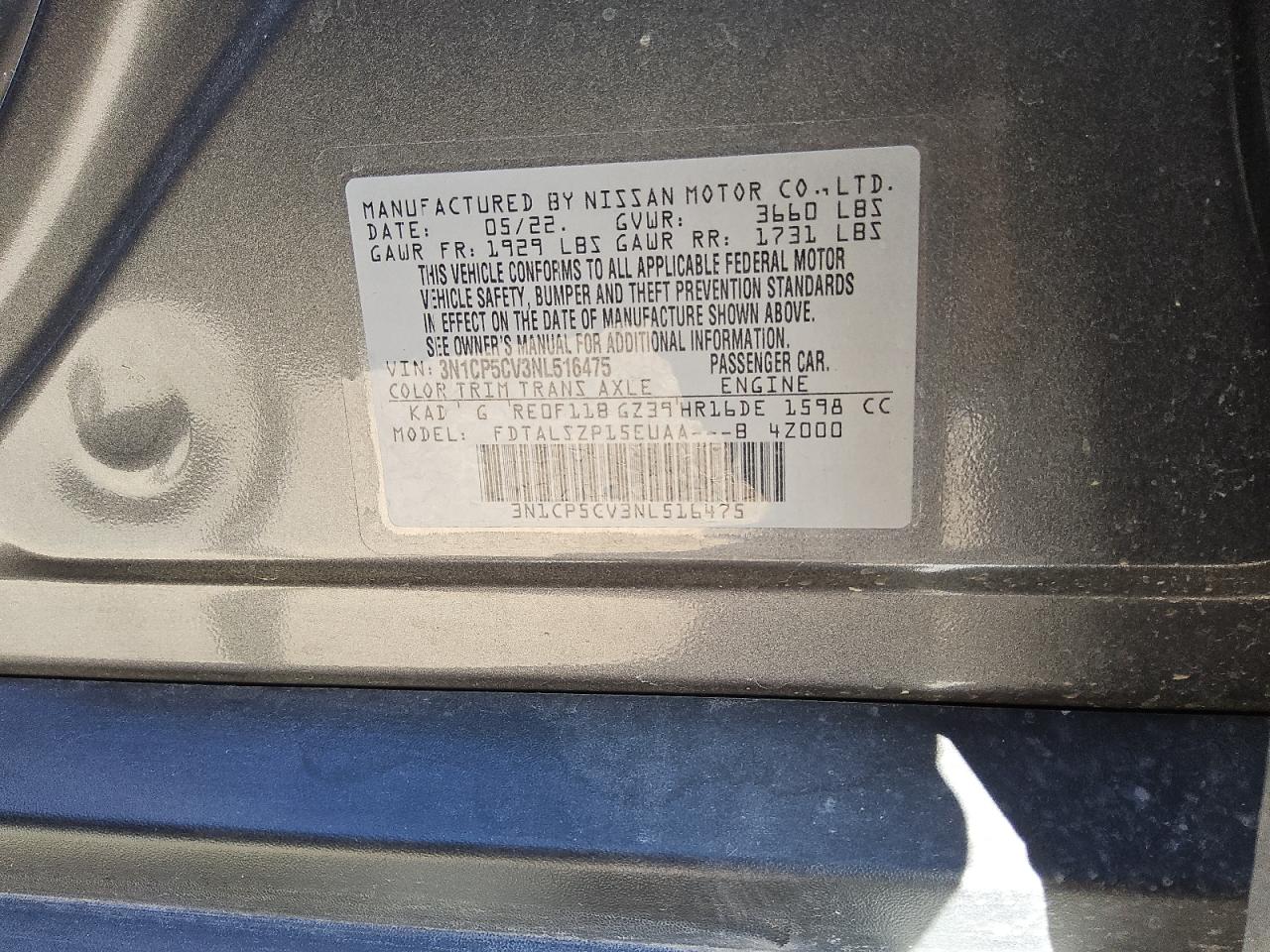 2022 Nissan Kicks VIN 3N1CP5CV3NL516475 Copart auction photo, front end / frame damage damage thumbnail 12