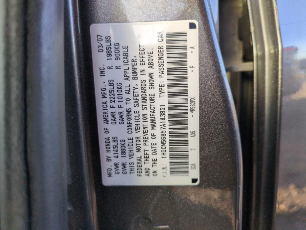 2007 Honda Accord VIN 1HGCM56857A143821 Copart auction photo, side damage thumbnail 12