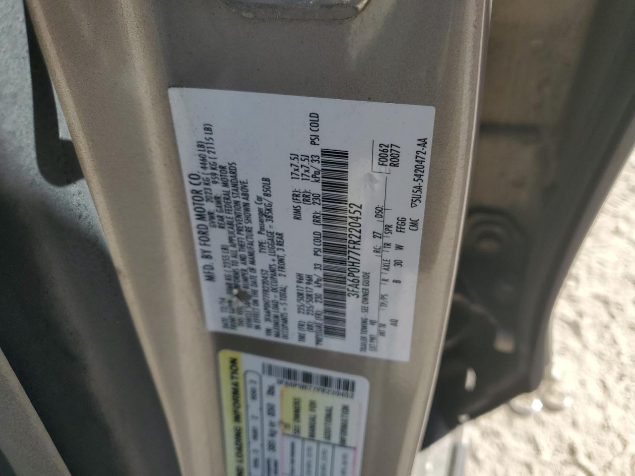 2015 Ford Fusion VIN 3FA6P0H77FR220452 Copart auction photo, side / rear end damage thumbnail 12