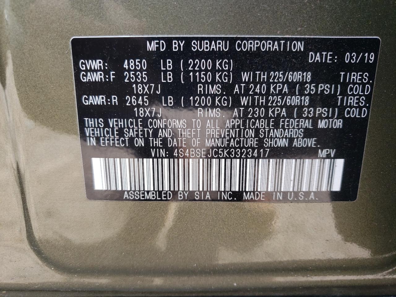 2019 Subaru Outback VIN 4S4BSEJC5K3323417 Copart auction photo, front end / undercarriage damage thumbnail 16
