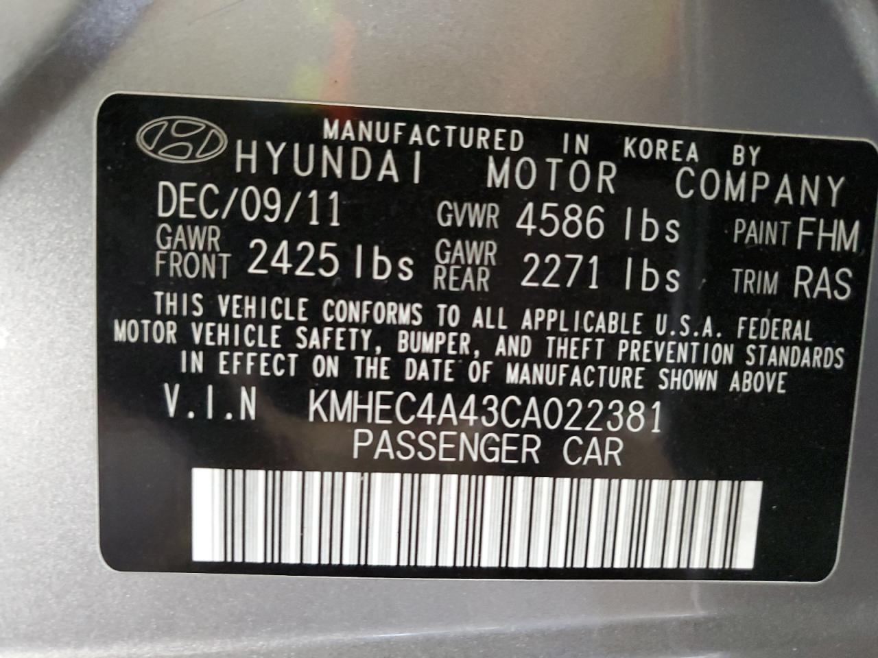 2012 Hyundai Sonata VIN KMHEC4A43CA022381 Copart auction photo, front end / side damage thumbnail 12