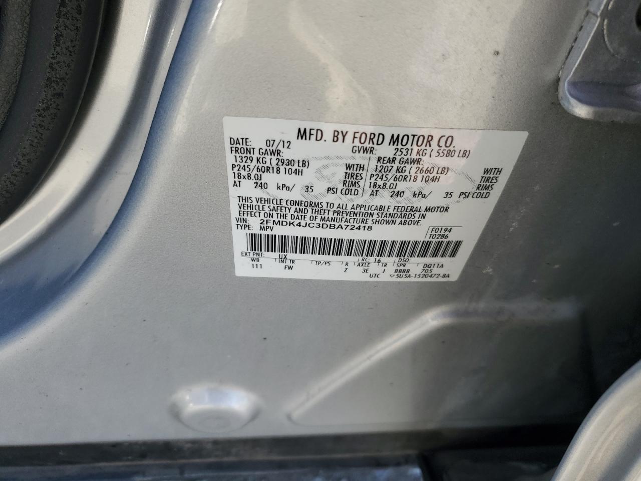 2013 Ford Edge VIN 2FMDK4JC3DBA72418 Copart auction photo, front end / minor dent/scratches damage thumbnail 13