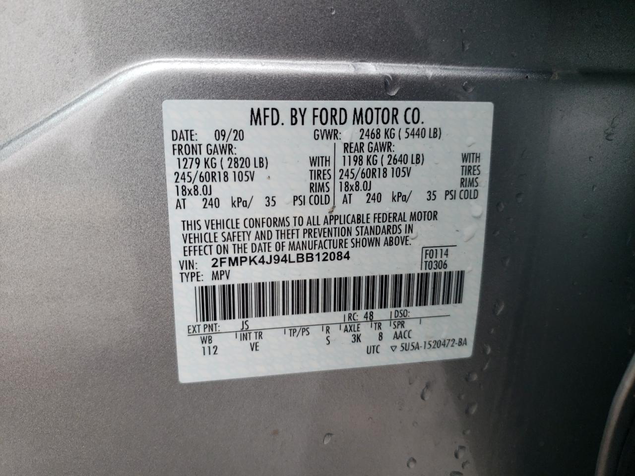 2020 Ford Edge VIN 2FMPK4J94LBB12084 Copart auction photo, side / front end damage thumbnail 15