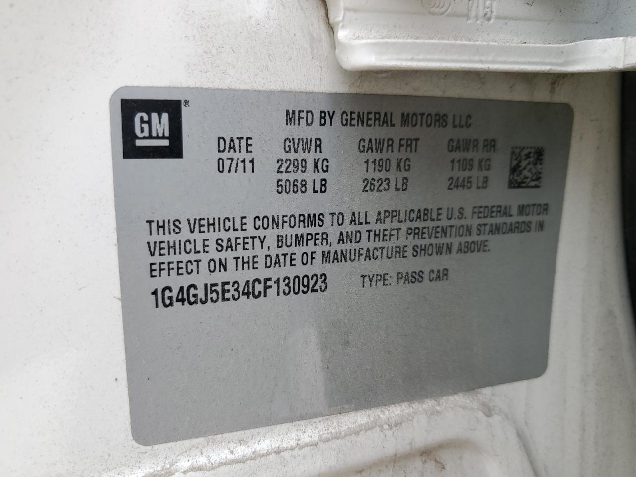 2012 Buick LaCrosse VIN 1G4GJ5E34CF130923 Copart auction photo, side / rear end damage thumbnail 12