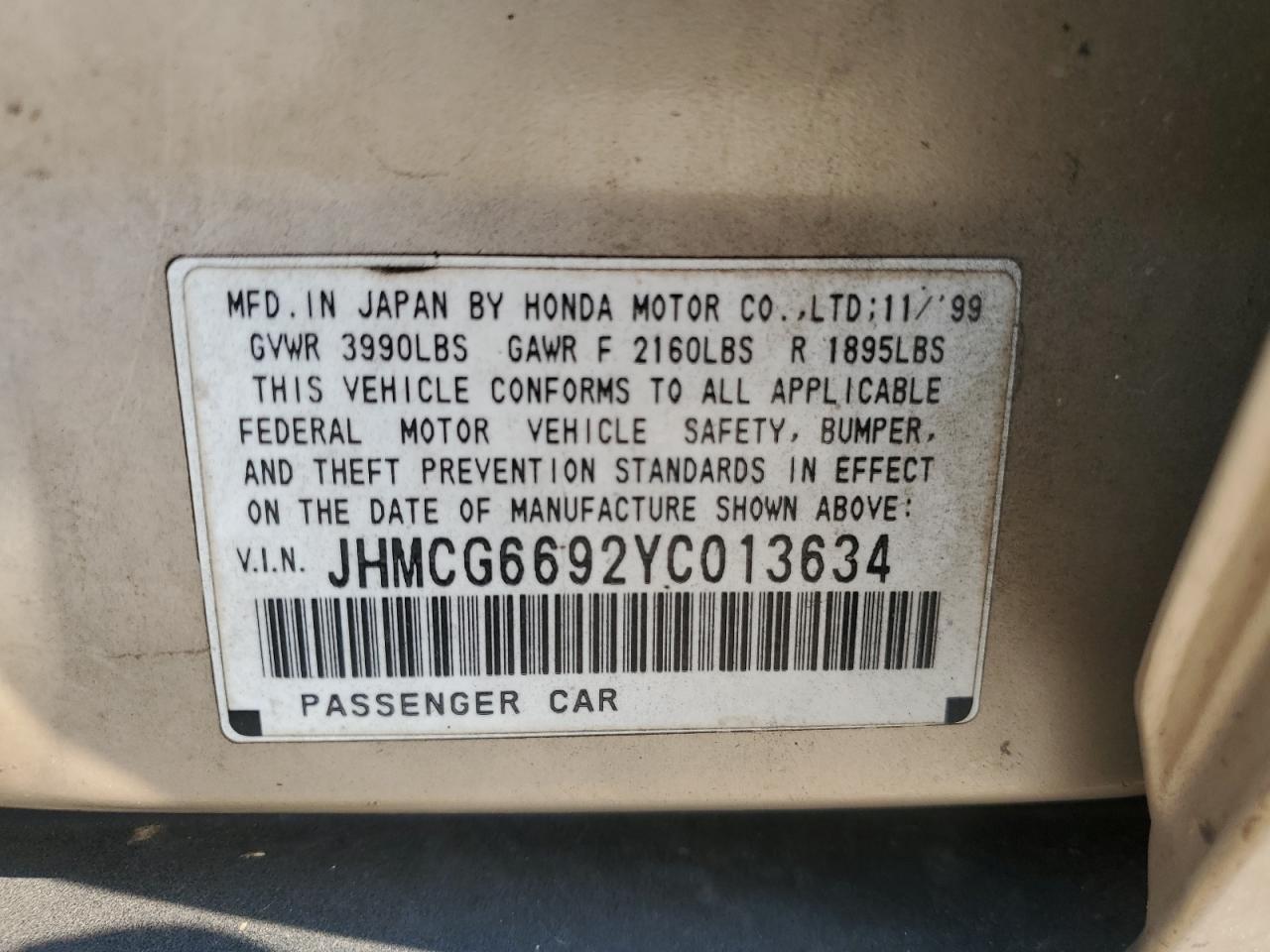 2000 Honda Accord VIN JHMCG6692YC013634 Copart auction photo, front end / side damage thumbnail 14