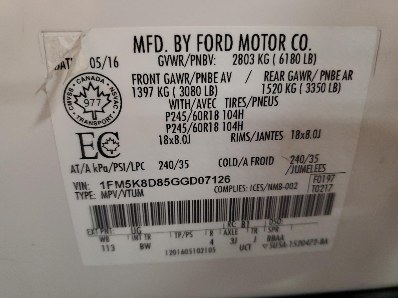 2016 Ford Explorer VIN 1FM5K8D85GGD07126 Copart auction photo, front end / side damage thumbnail 15