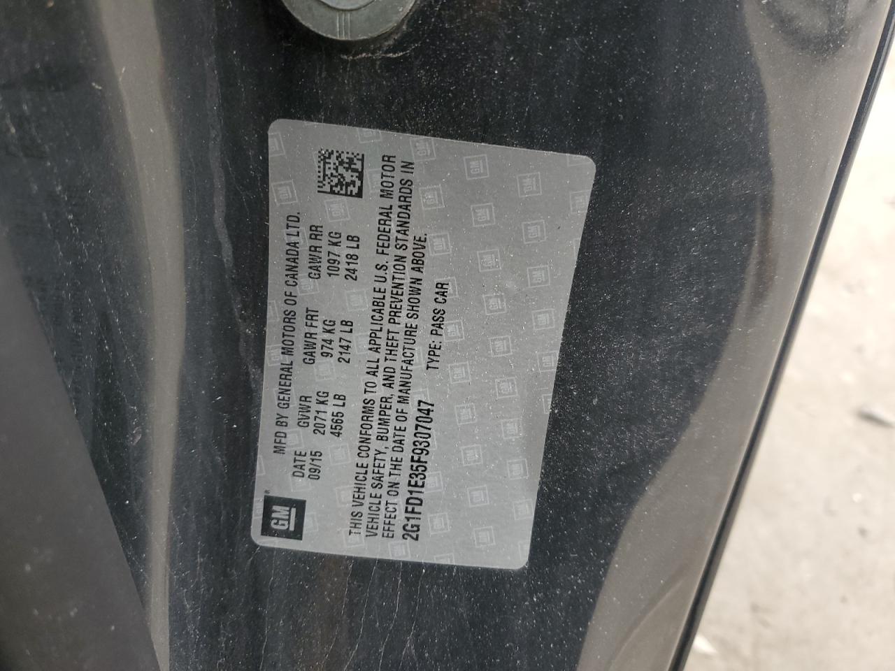 2015 Chevrolet Camaro VIN 2G1FD1E35F9307047 Copart auction photo, front end / minor dent/scratches damage thumbnail 12