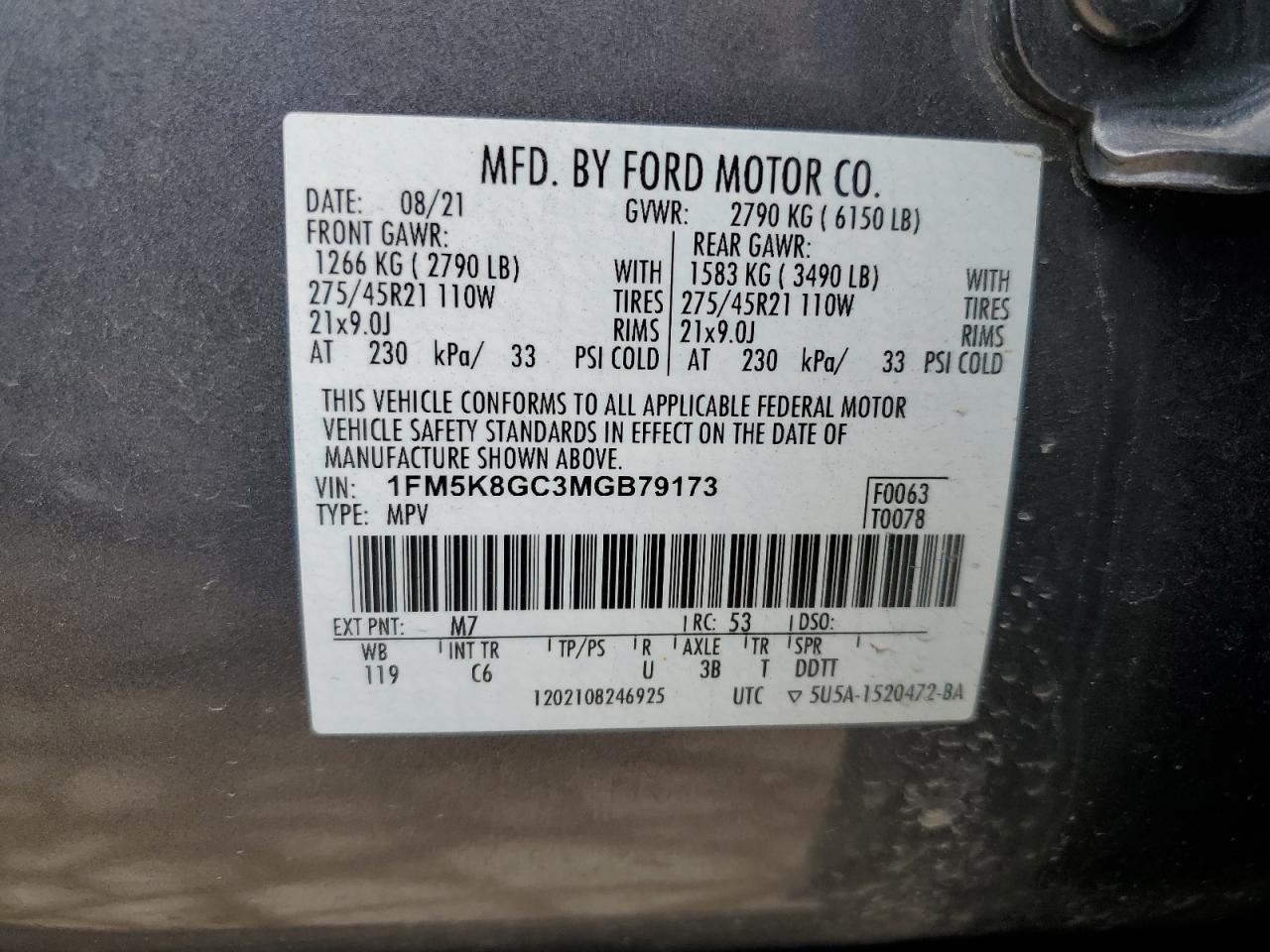 2021 Ford Explorer VIN 1FM5K8GC3MGB79173 Copart auction photo, burn damage thumbnail 13