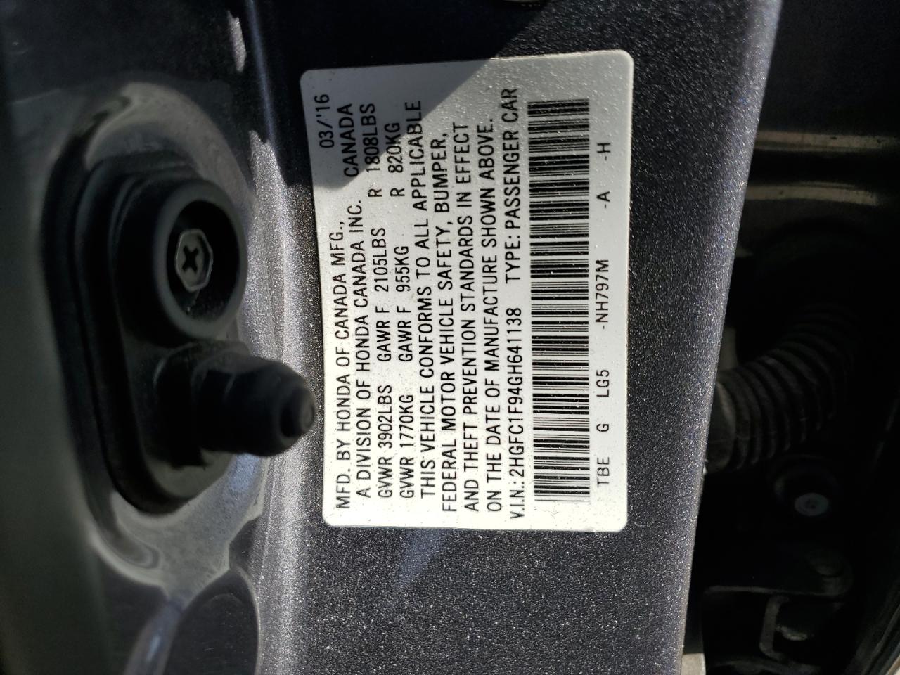 2016 Honda Civic VIN 2HGFC1F94GH641138 Copart auction photo, front end damage thumbnail 13