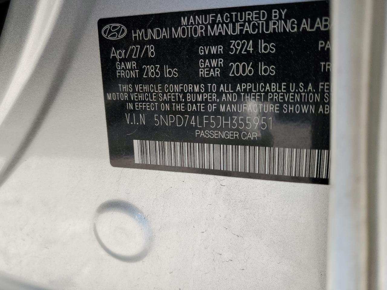2018 Hyundai Elantra VIN 5NPD74LF5JH355951 Copart auction photo, all over damage thumbnail 13