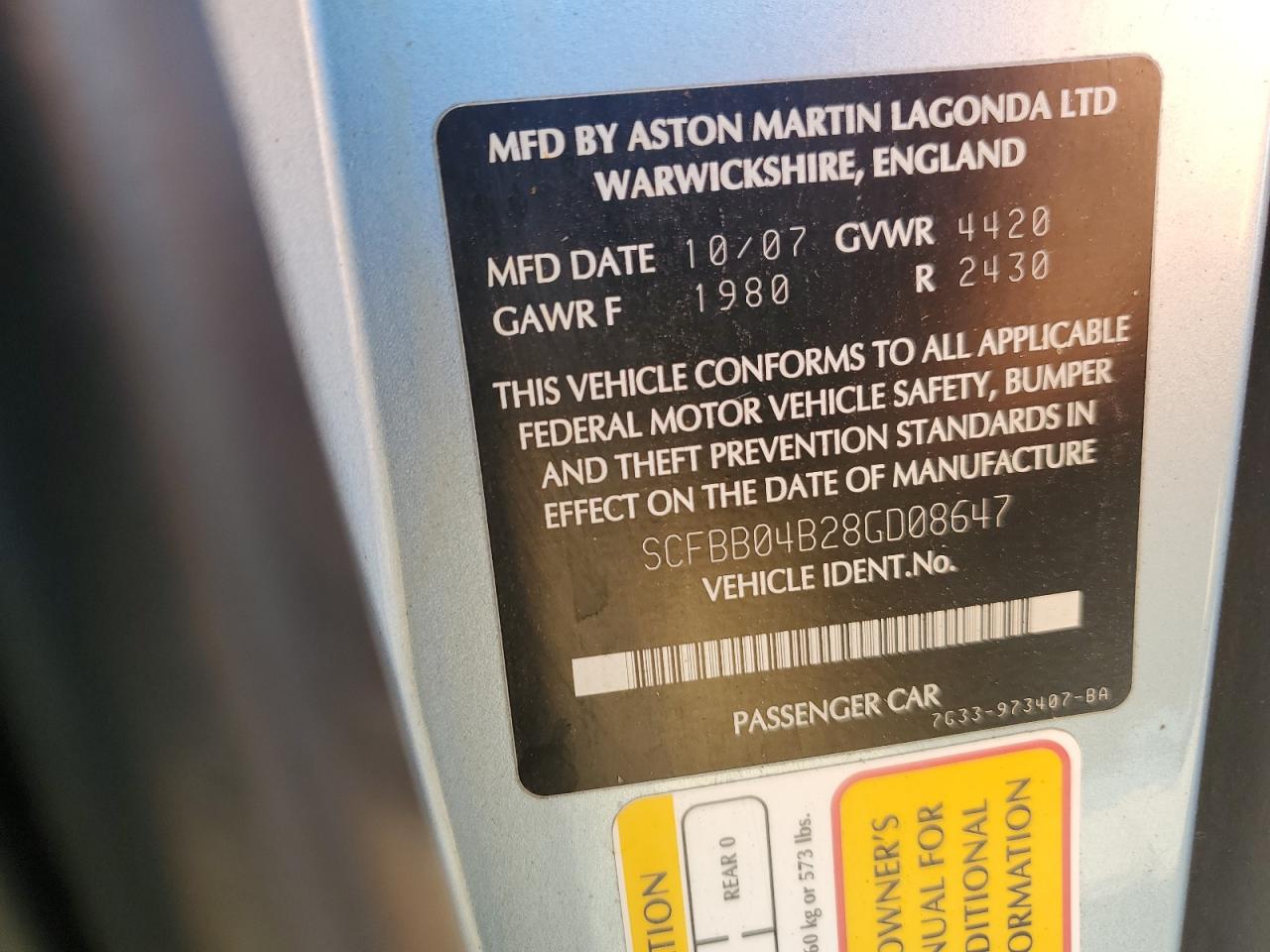 2008 Aston Martin Vantage VIN SCFBB04B28GD08647 Copart auction photo, water/flood / vandalism damage thumbnail 12