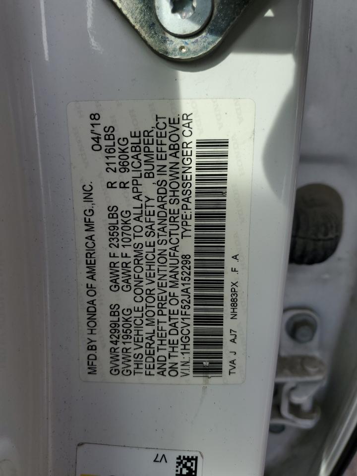 2018 Honda Accord VIN 1HGCV1F52JA152298 Copart auction photo, front end damage thumbnail 14