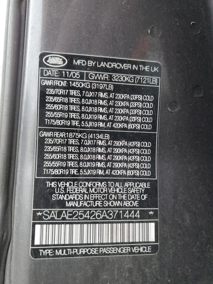 2006 Land Rover LR3 VIN SALAE25426A371444 Copart auction photo, front end damage thumbnail 13