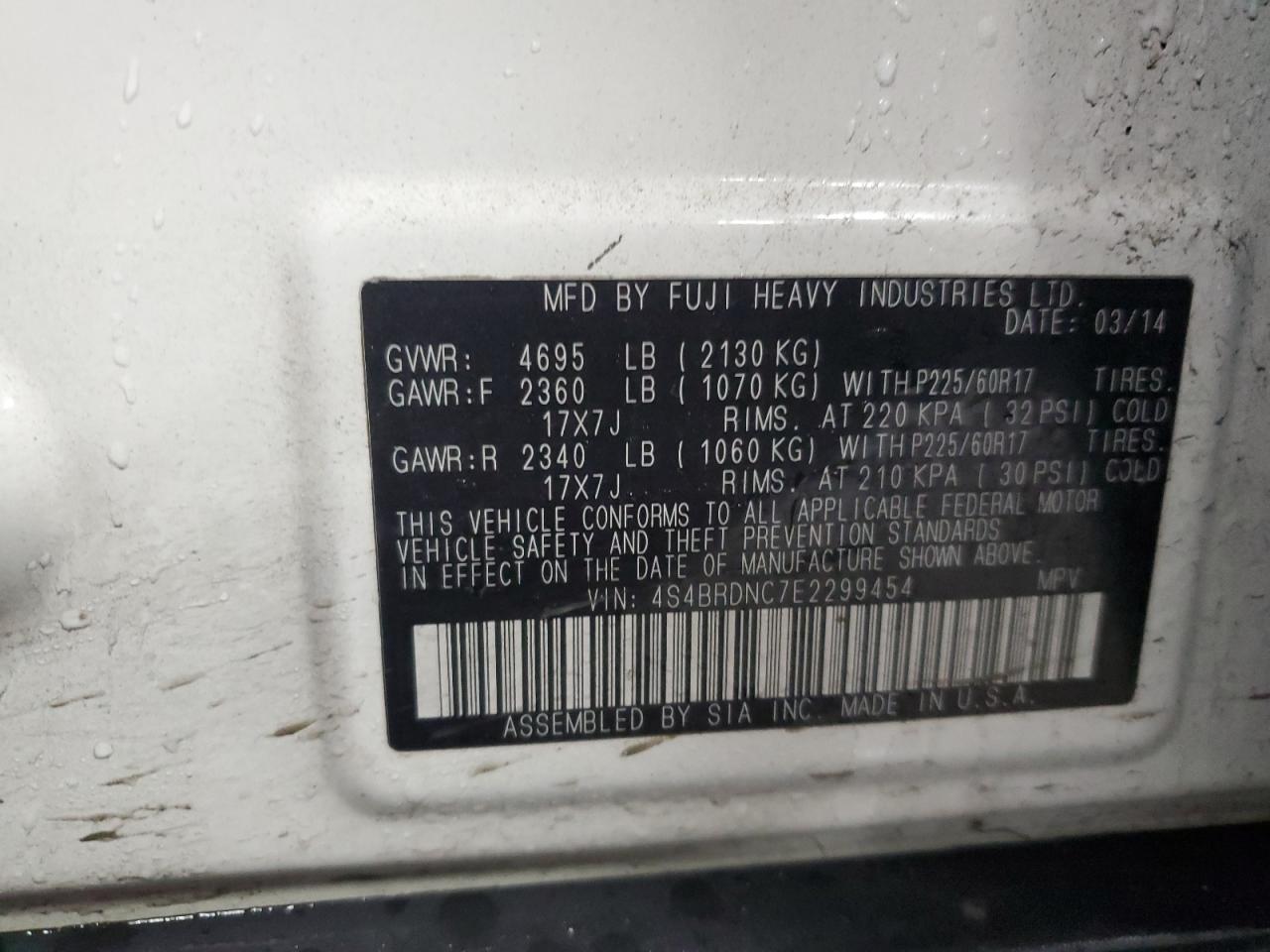 2014 Subaru Outback VIN 4S4BRDNC7E2299454 Copart auction photo, front end / minor dent/scratches damage thumbnail 13