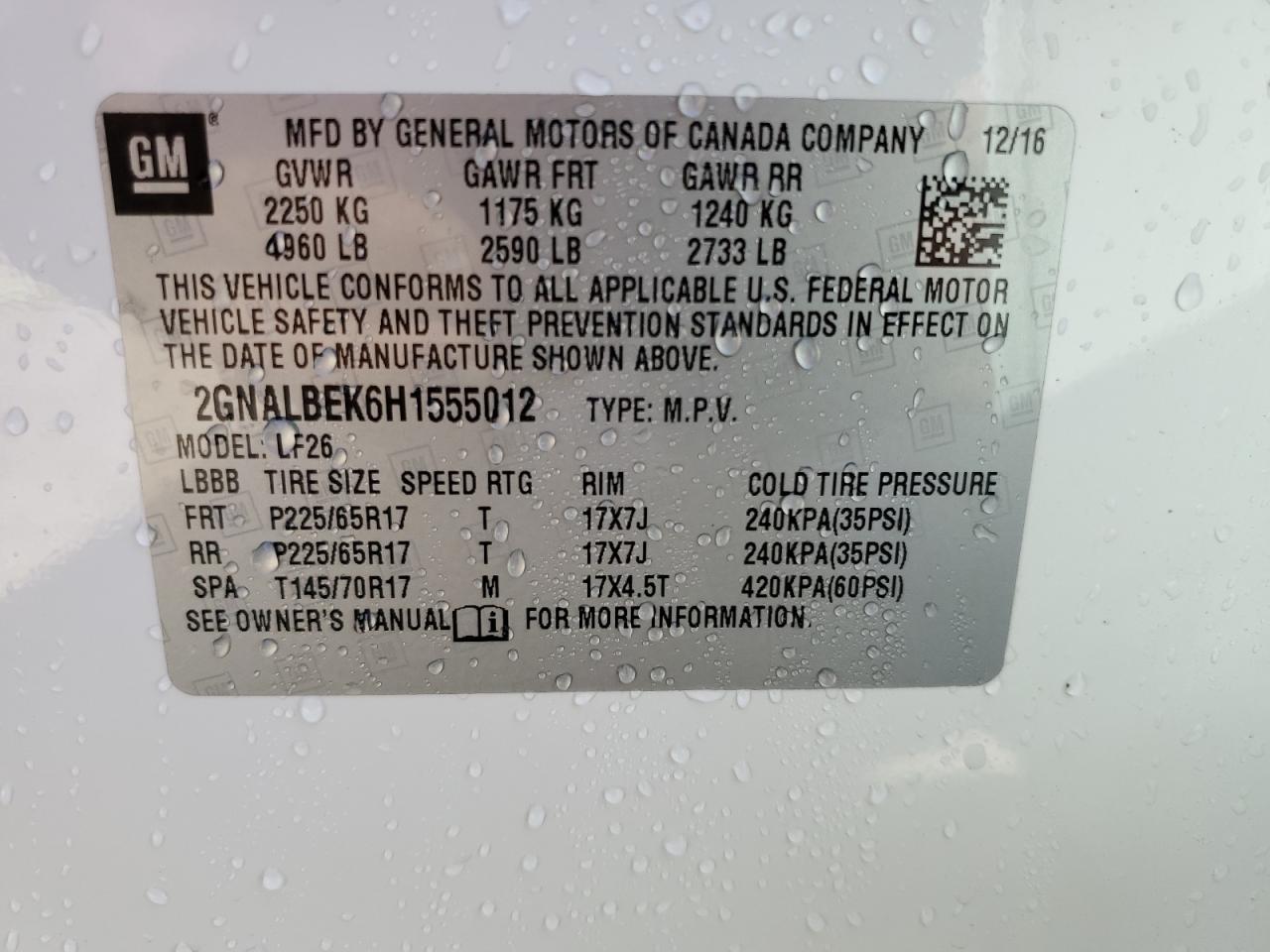 2017 Chevrolet Equinox VIN 2GNALBEK6H1555012 Copart auction photo, front end / side damage thumbnail 13