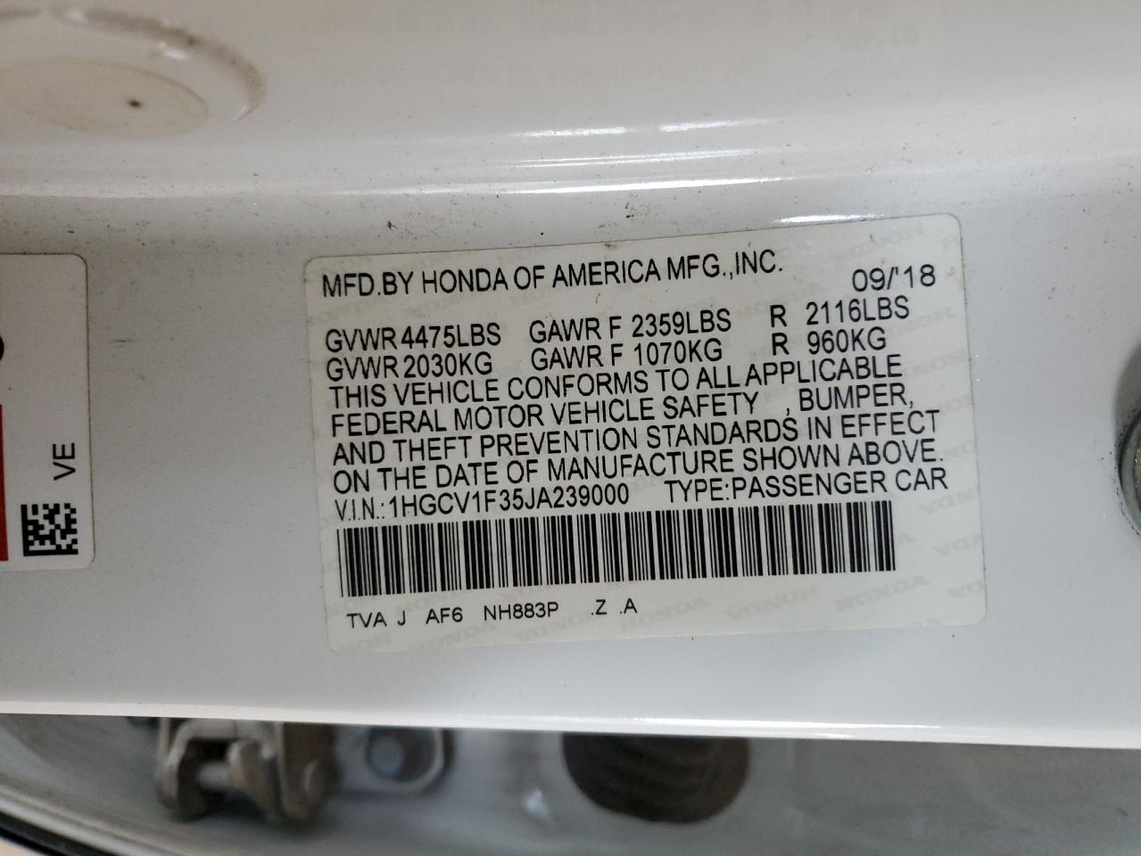 2018 Honda Accord VIN 1HGCV1F35JA239000 Copart auction photo, rollover damage thumbnail 12