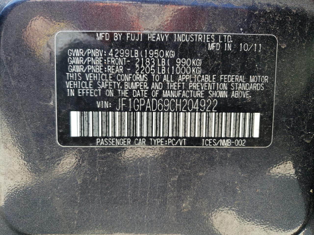 2012 Subaru Impreza VIN JF1GPAD69CH204922 Copart auction photo, front end damage thumbnail 12