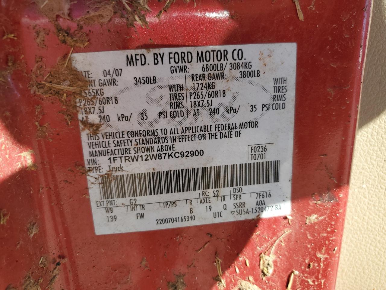2007 Ford F-150 VIN 1FTRW12W87KC92900 Copart auction photo, all over damage thumbnail 12