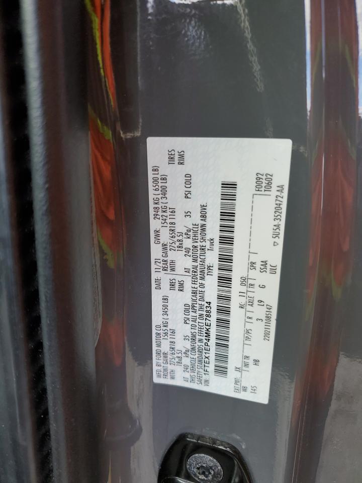 2021 Ford F-150 VIN 1FTEX1EP4MKE78834 Copart auction photo, side damage thumbnail 12