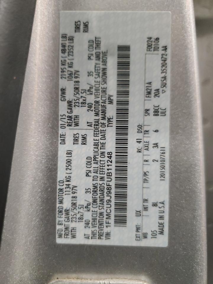 2015 Ford Escape VIN 1FMCU9J98FUB11248 Copart auction photo, front end damage thumbnail 13
