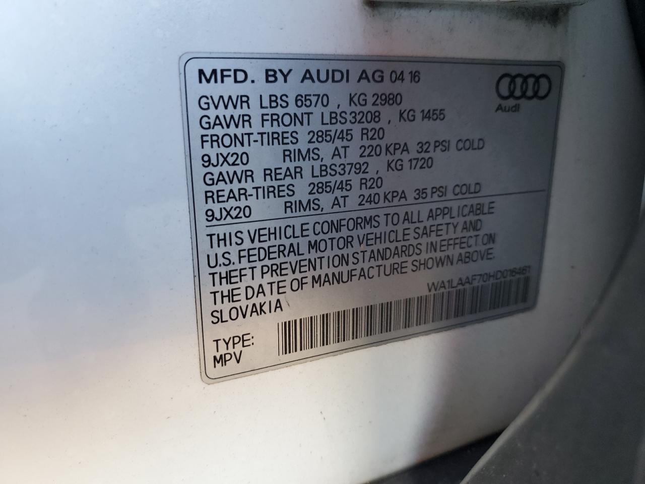 2017 Audi Q7 VIN WA1LAAF70HD016461 Copart auction photo, front end / side damage thumbnail 15
