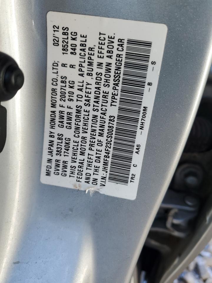 2012 Honda Civic VIN JHMFB4F23CS008783 Copart auction photo, front end damage thumbnail 14
