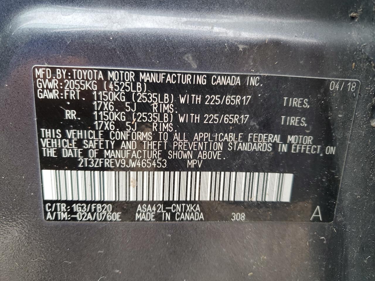 2018 Toyota RAV 4 VIN 2T3ZFREV9JW465453 Copart auction photo, all over damage thumbnail 15