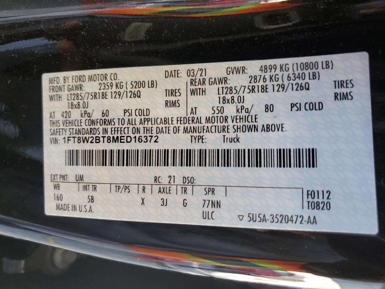 2021 Ford F250 VIN 1FT8W2BT8MED16372 Copart auction photo, front end damage thumbnail 12