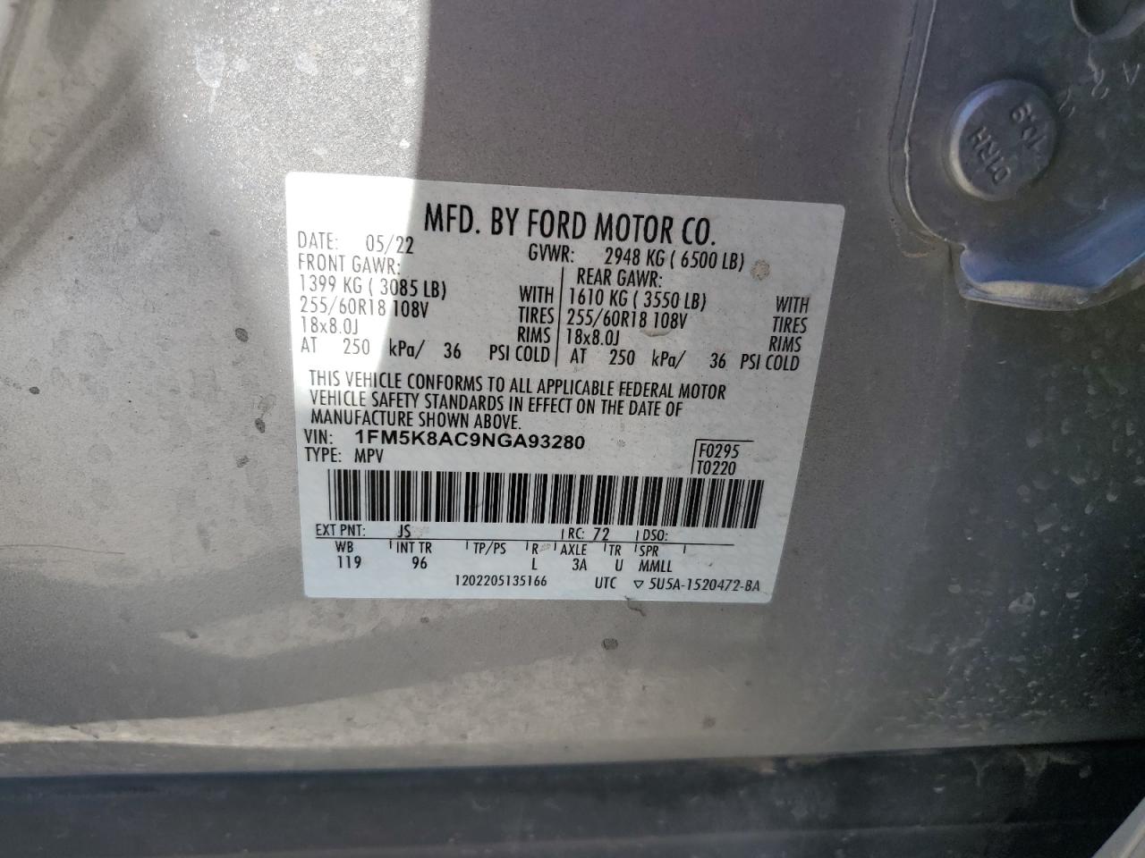 2022 Ford Explorer VIN 1FM5K8AC9NGA93280 Copart auction photo, rear end damage thumbnail 13