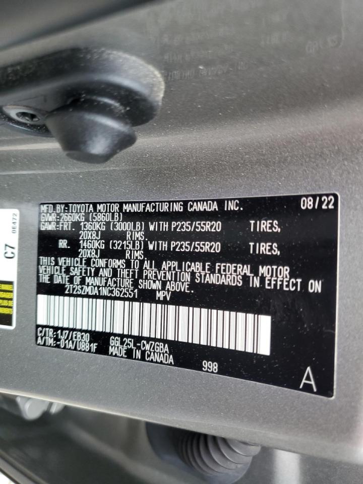 2022 Lexus RX VIN 2T2SZMDA1NC362551 Copart auction photo, front end damage thumbnail 14