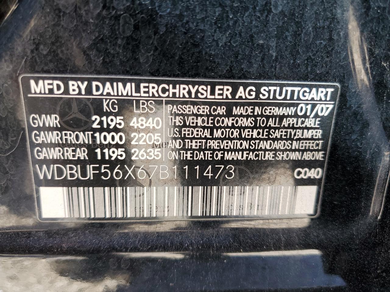 2007 Mercedes-Benz E-klasse VIN WDBUF56X67B111473 Copart auction photo, rear end / minor dent/scratches damage thumbnail 12