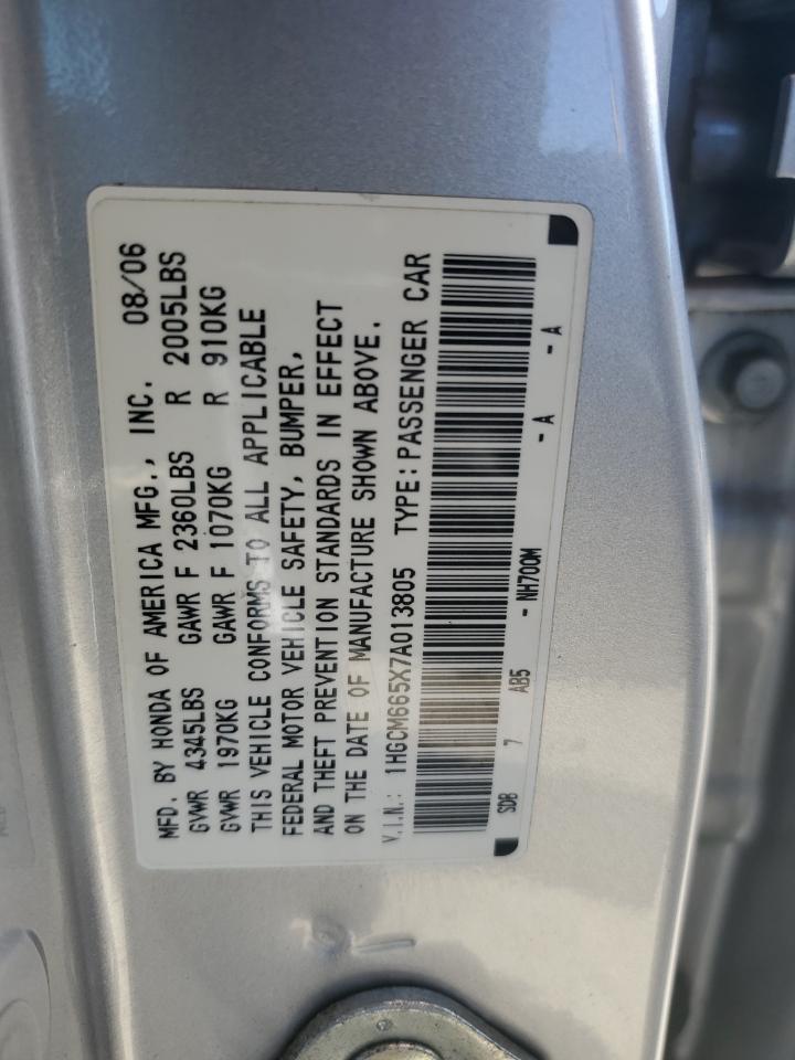 2007 Honda Accord VIN 1HGCM665X7A013805 Copart auction photo, front end / side damage thumbnail 12