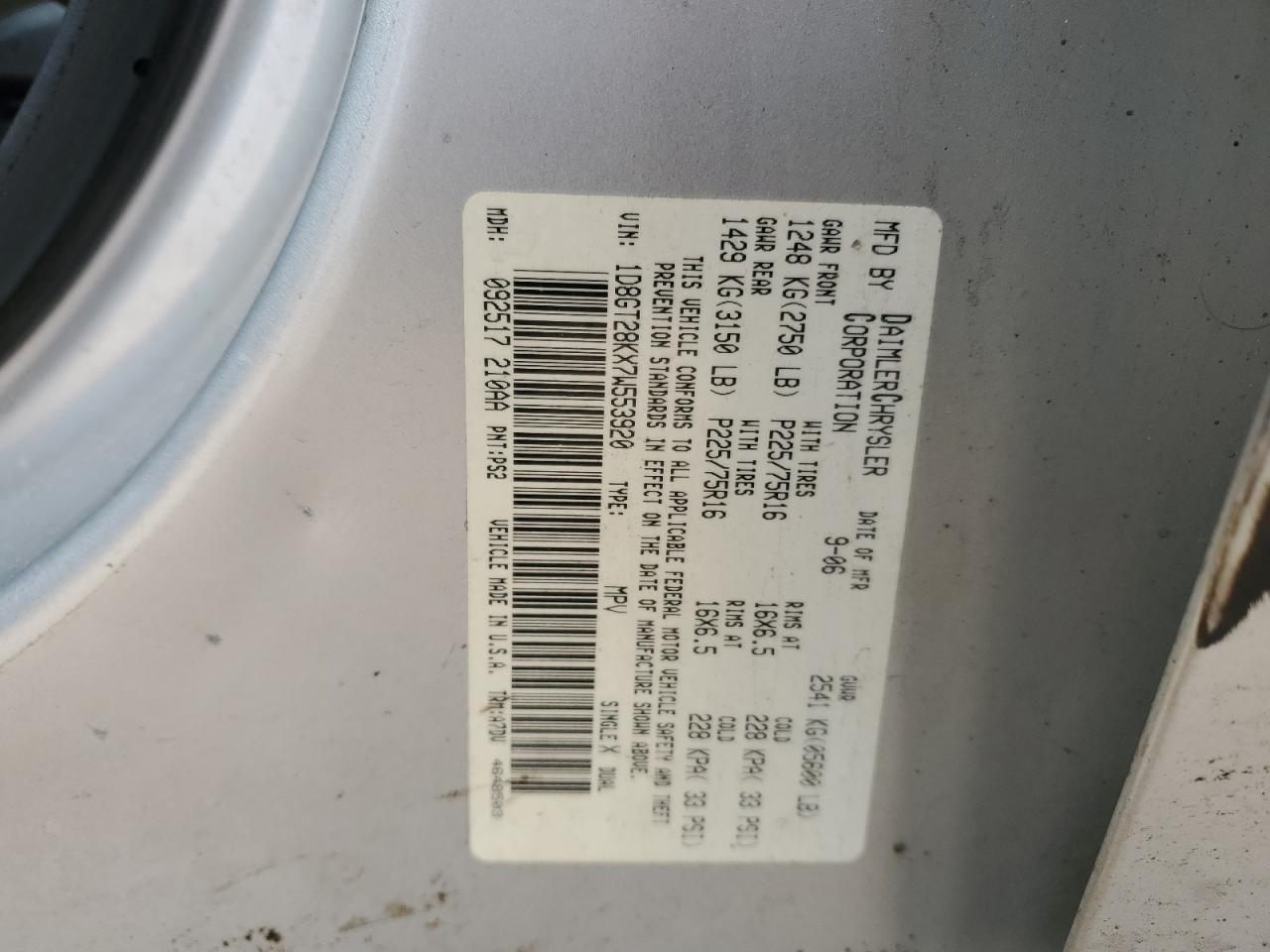 2007 Dodge Nitro VIN 1D8GT28KX7W553920 Copart auction photo, side damage thumbnail 12