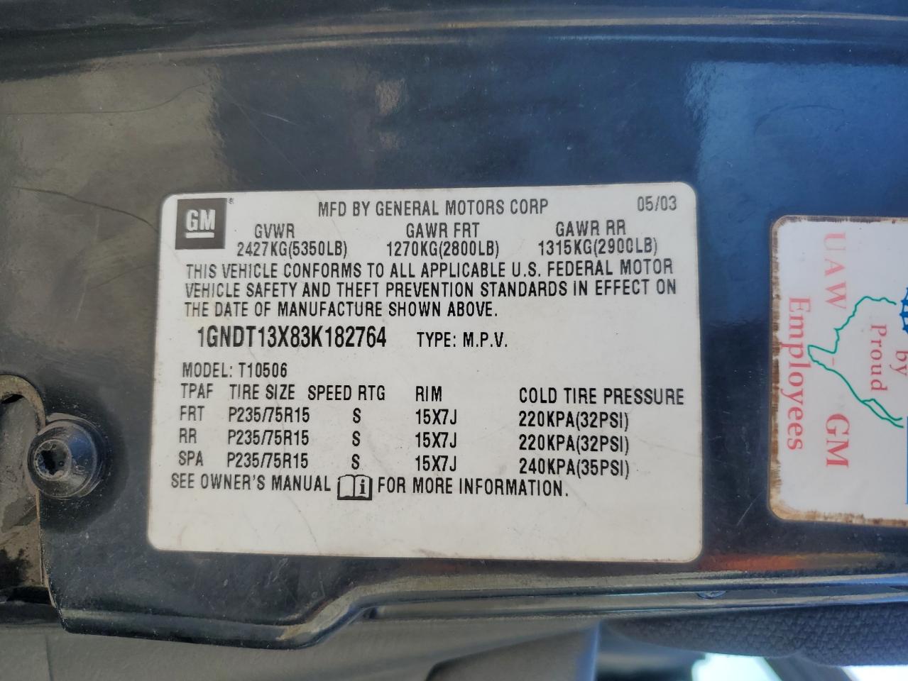 2003 Chevrolet Blazer VIN 1GNDT13X83K182764 Copart auction photo, rear end damage thumbnail 13