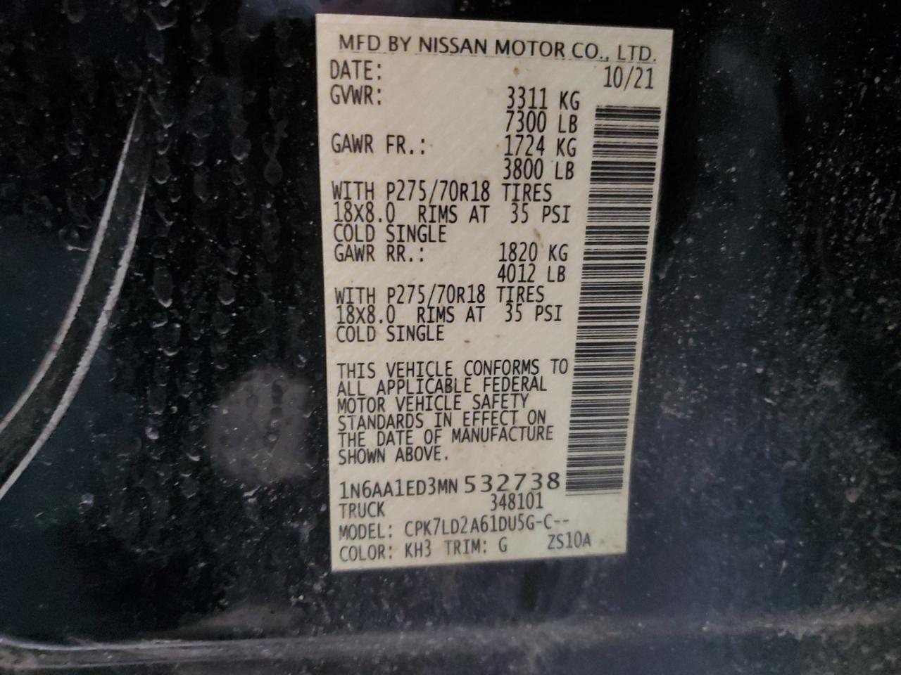 2021 Nissan Titan VIN 1N6AA1ED3MN532738 Copart auction photo, front end damage thumbnail 12