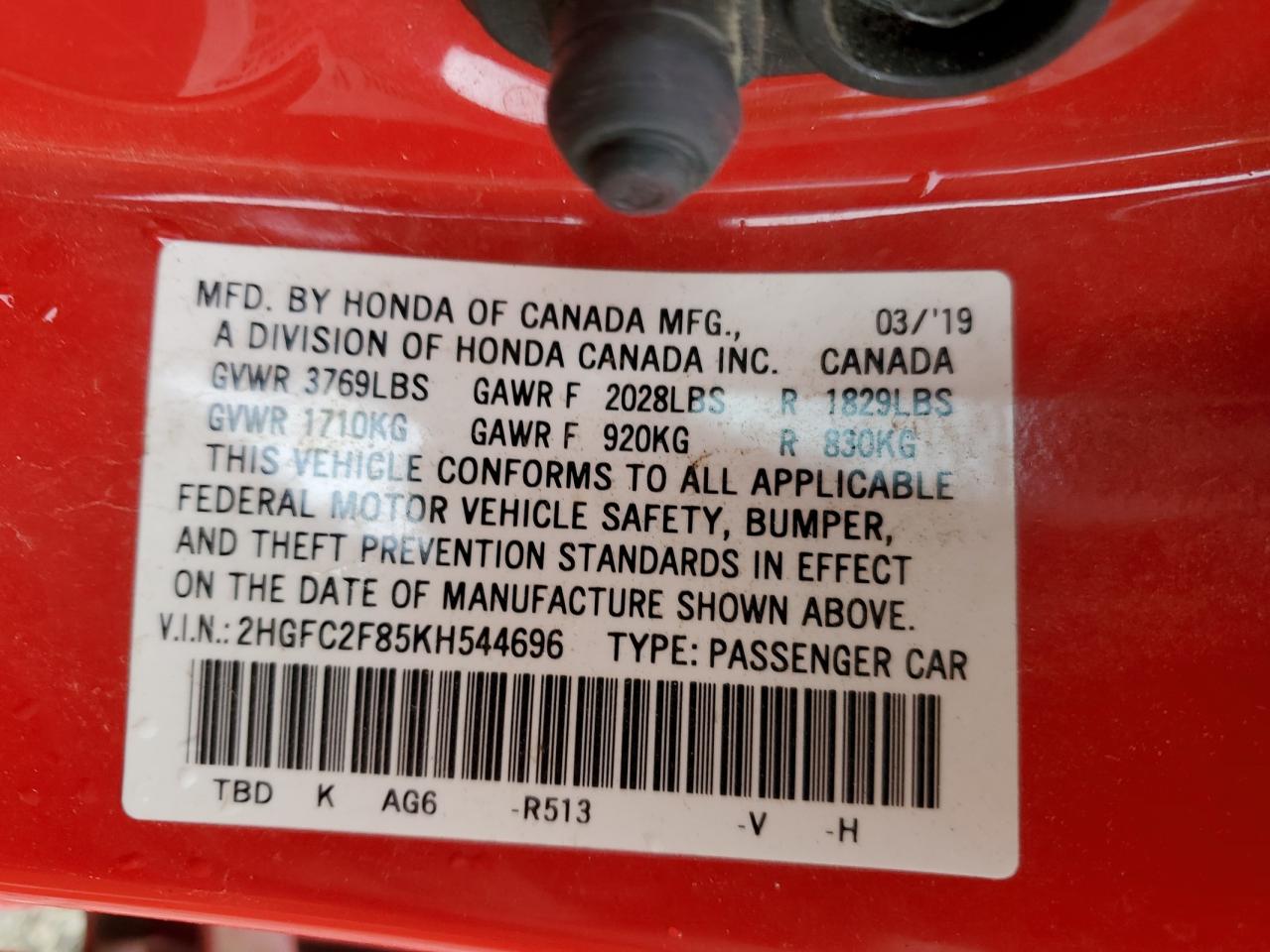 2019 Honda Civic VIN 2HGFC2F85KH544696 Copart auction photo, front end damage thumbnail 15