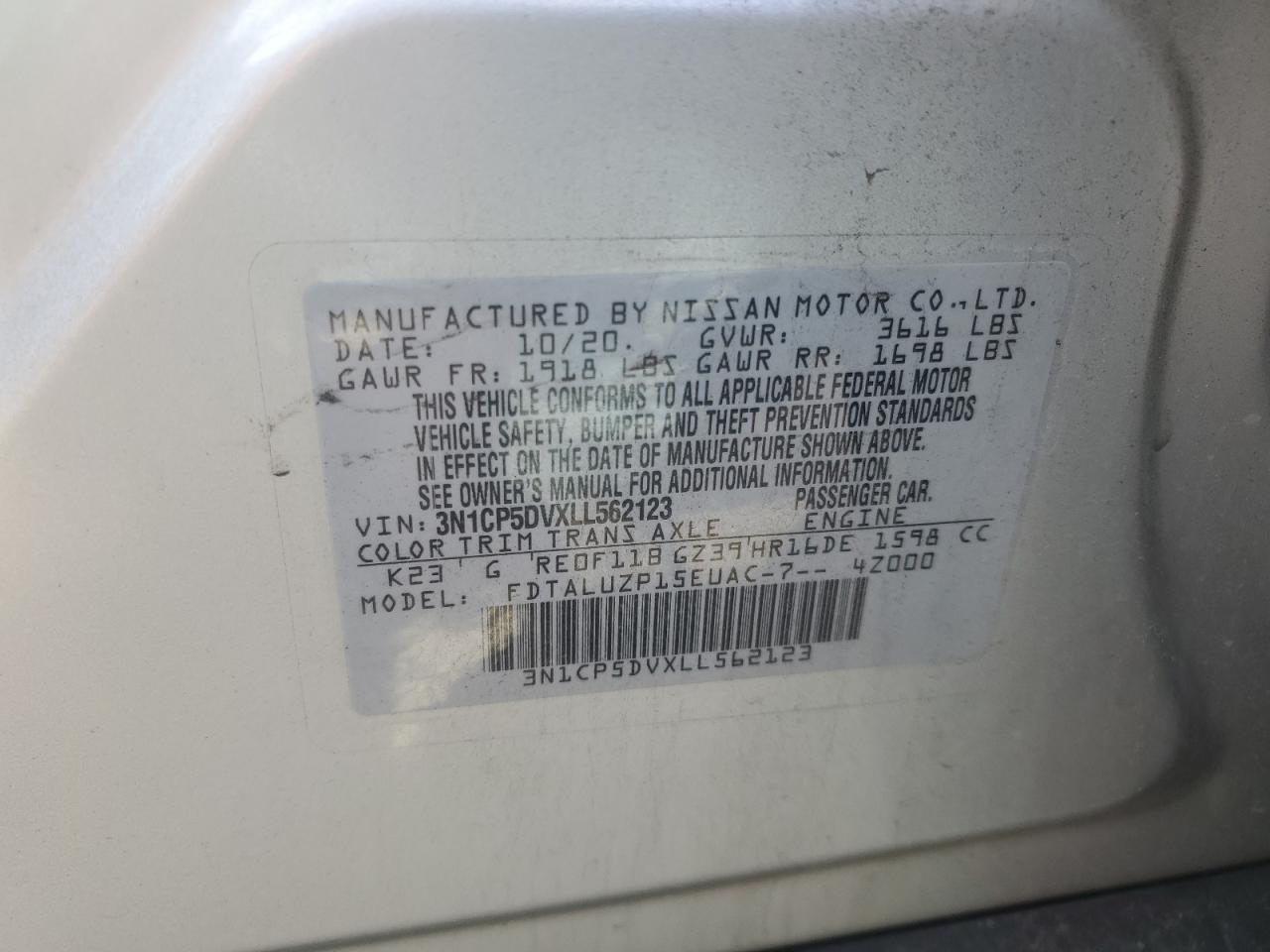 2020 Nissan Kicks VIN 3N1CP5DVXLL562123 Copart auction photo, mechanical damage thumbnail 13