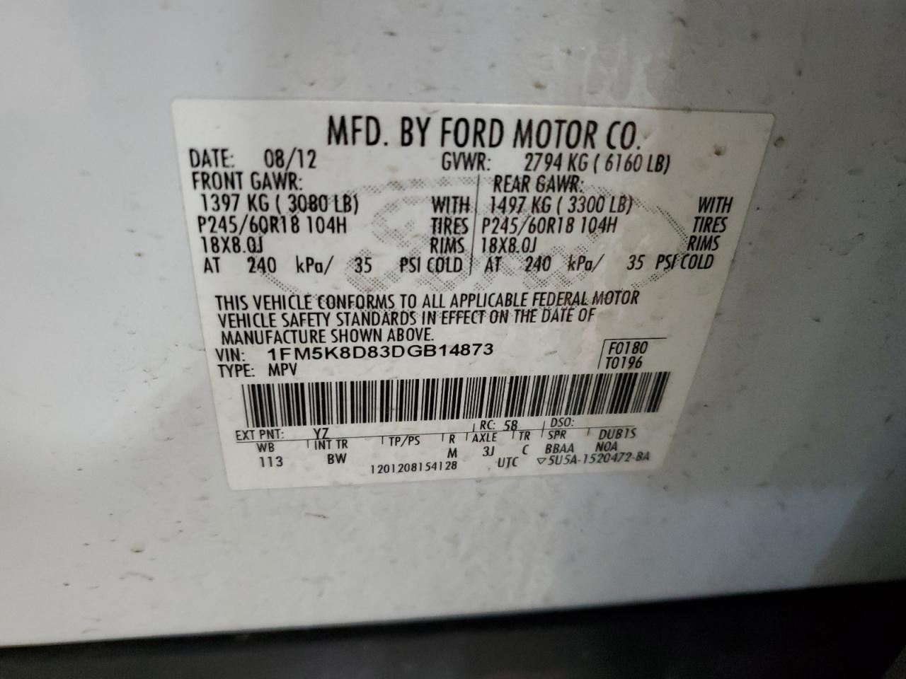 2013 Ford Explorer VIN 1FM5K8D83DGB14873 Copart auction photo, front end damage thumbnail 14