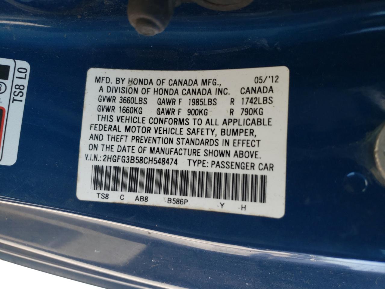2012 Honda Civic VIN 2HGFG3B58CH548474 Copart auction photo, rear end / side damage thumbnail 14
