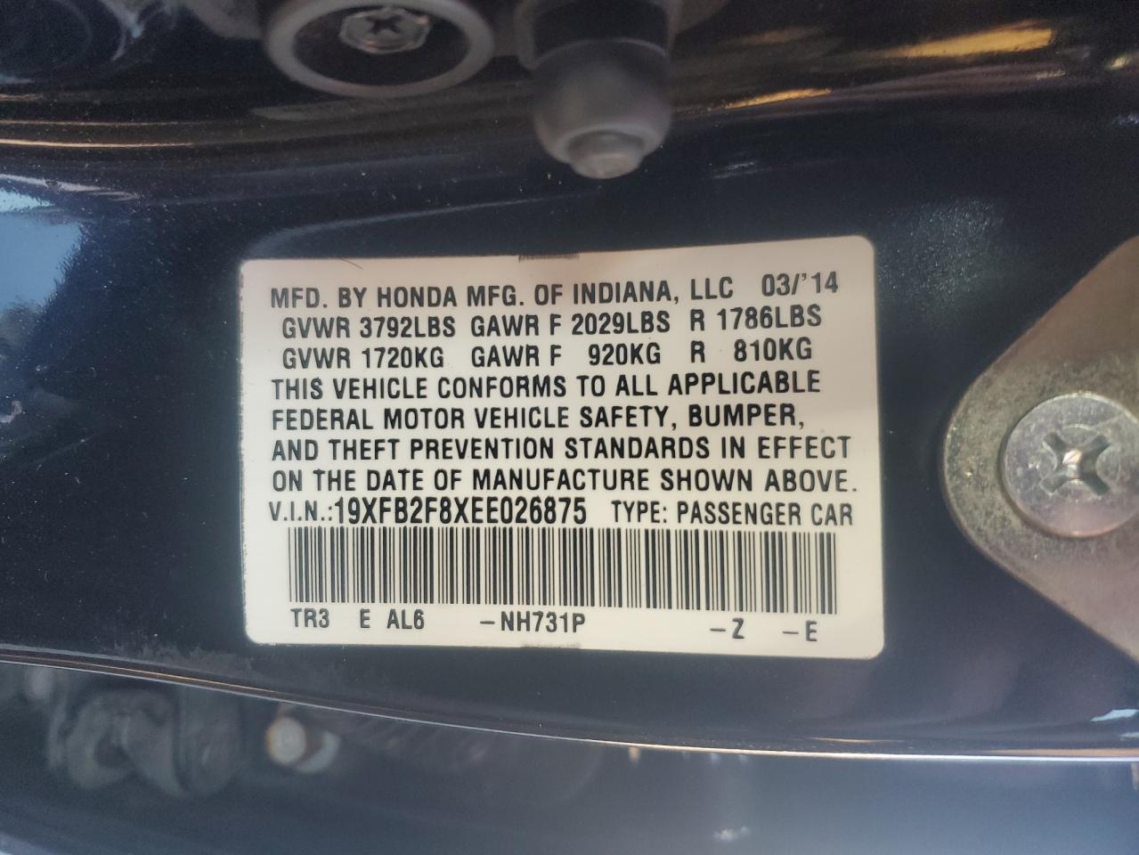 2014 Honda Civic VIN 19XFB2F8XEE026875 Copart auction photo, front end / minor dent/scratches damage thumbnail 14