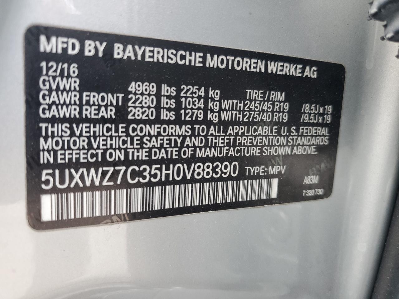 2017 BMW X3 VIN 5UXWZ7C35H0V88390 Copart auction photo, rear end / minor dent/scratches damage thumbnail 13
