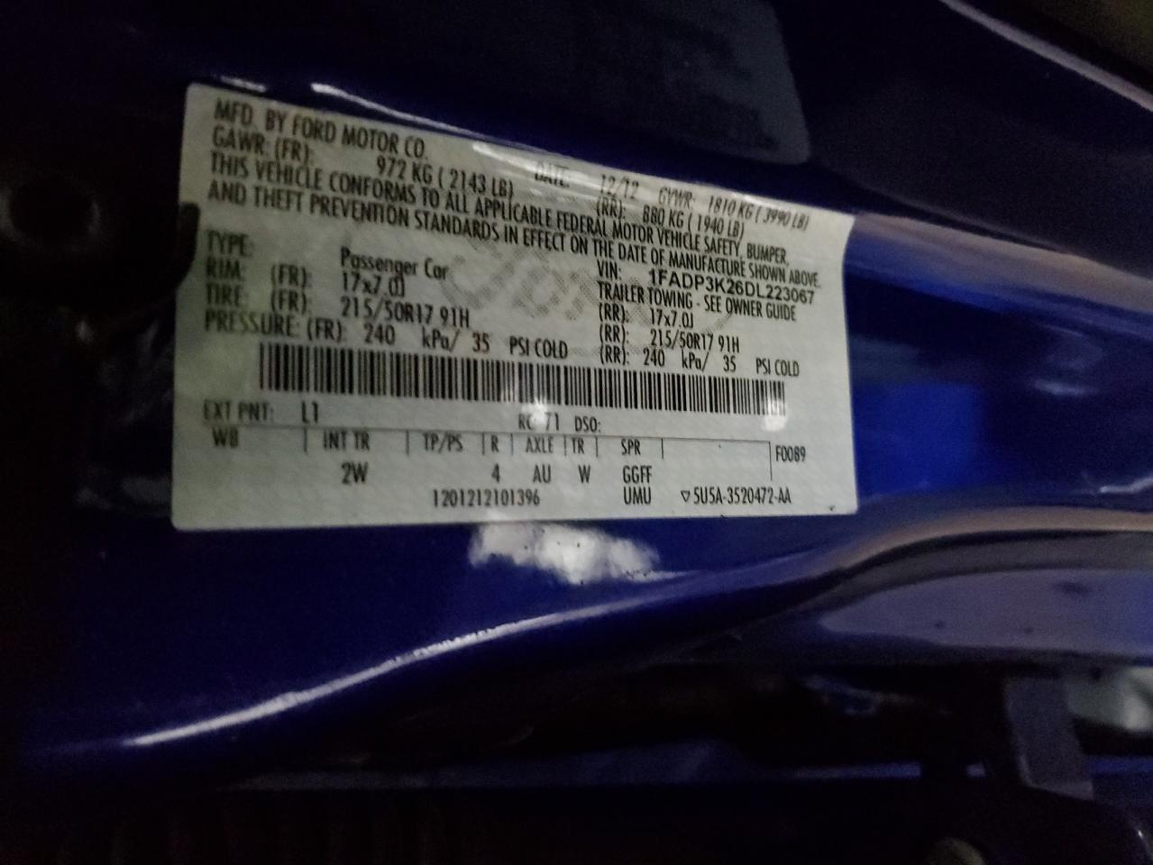 2013 Ford Focus VIN 1FADP3K26DL223067 Copart auction photo, minor dent/scratches damage thumbnail 12