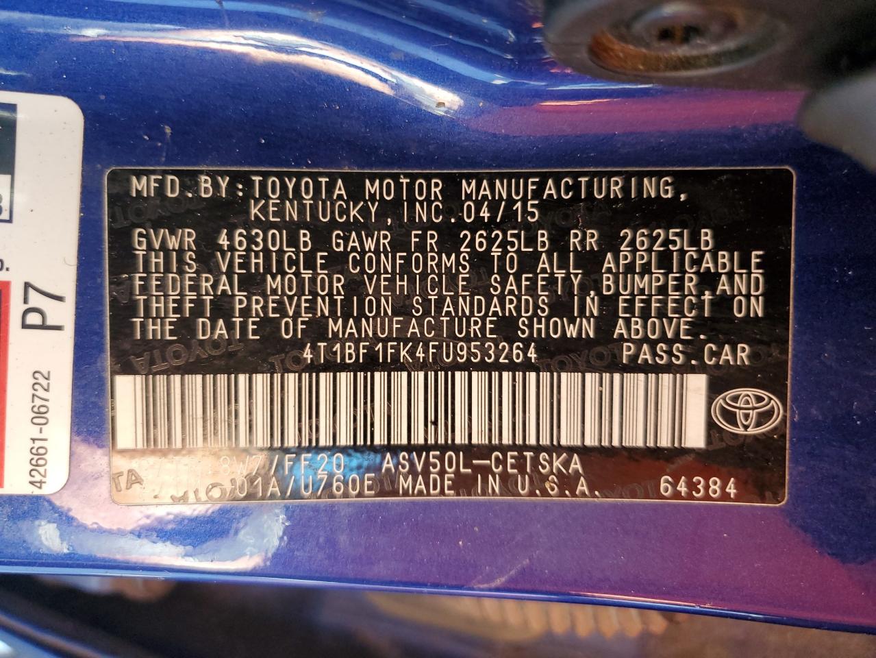 2015 Toyota Camry VIN 4T1BF1FK4FU953264 Copart auction photo, front end / rear end damage thumbnail 13