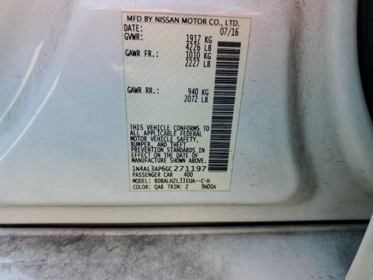 2016 Nissan Altima VIN 1N4AL3AP6GC271197 Copart auction photo, front end / rear end damage thumbnail 13